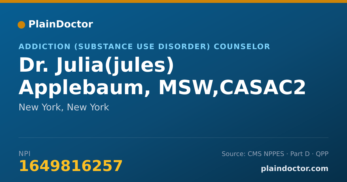 Shareable card for Julia(jules) Applebaum, MSW,CASAC2 - Addiction (Substance Use Disorder) Counselor, New York, NY