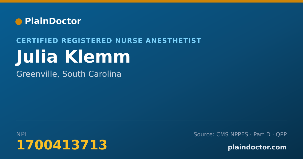 Shareable card for Julia Klemm - Certified Registered Nurse Anesthetist, Greenville, SC