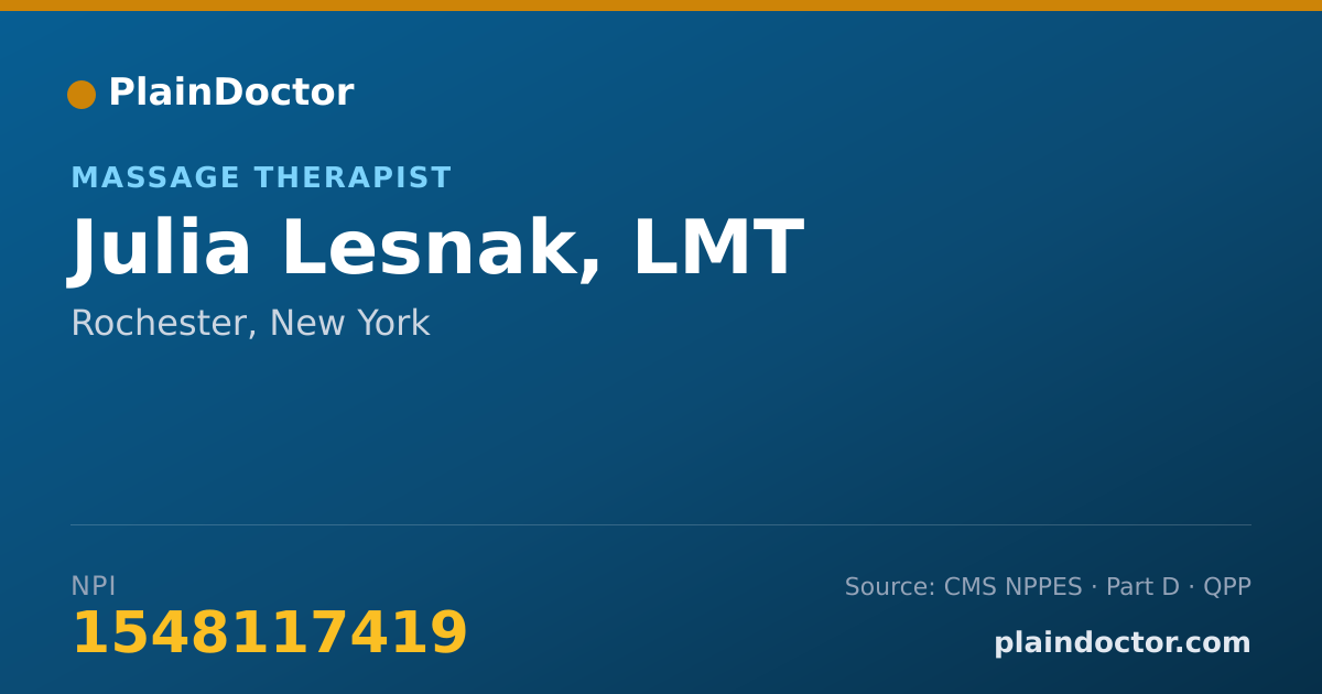 Shareable card for Julia Lesnak, LMT - Massage Therapist, Rochester, NY