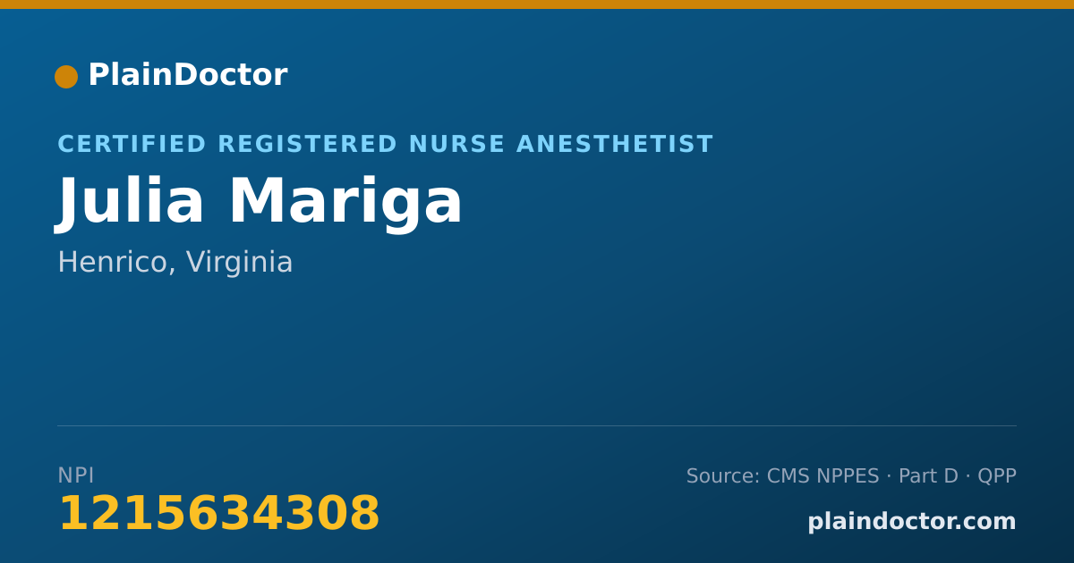 Shareable card for Julia Mariga - Certified Registered Nurse Anesthetist, Henrico, VA