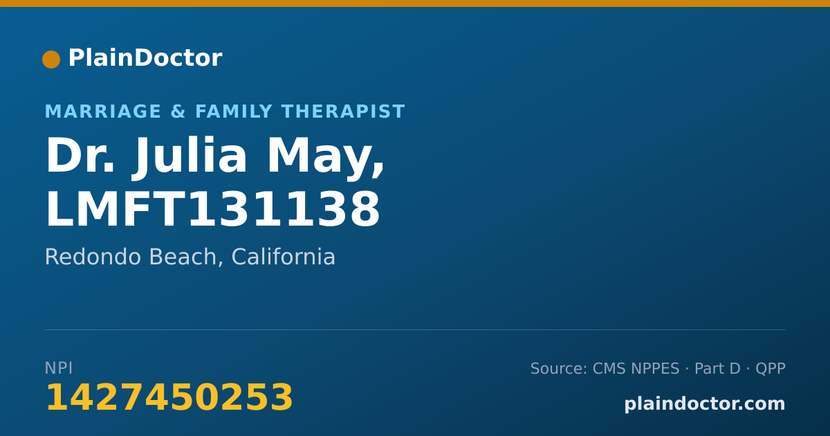 Shareable card for Julia May, LMFT131138 - Marriage & Family Therapist, Redondo Beach, CA