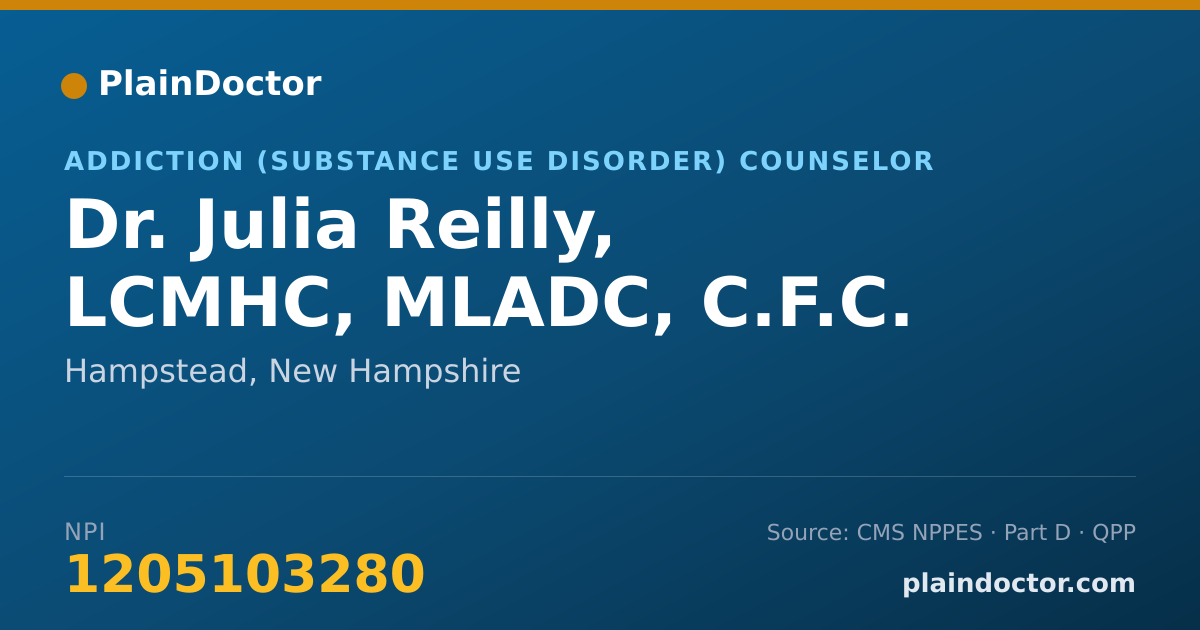 Shareable card for Julia Reilly, LCMHC, MLADC, C.F.C. - Addiction (Substance Use Disorder) Counselor, Hampstead, NH