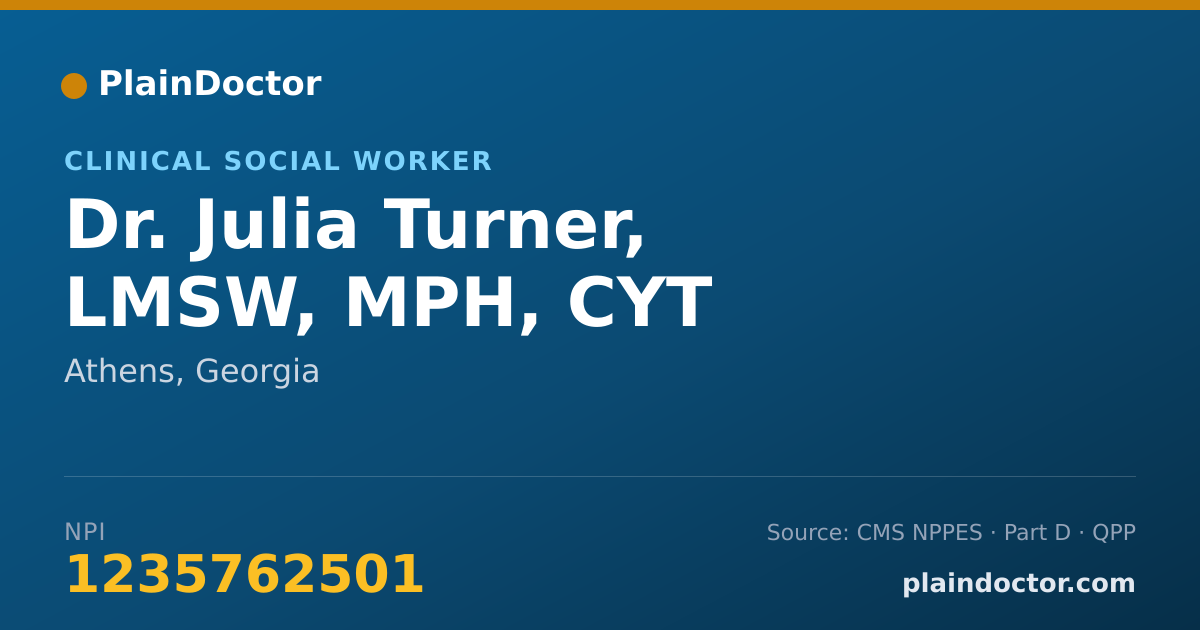 Shareable card for Julia Turner, LMSW, MPH, CYT - Clinical Social Worker, Athens, GA