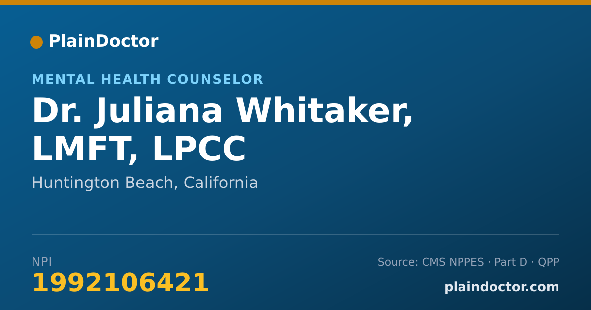 Shareable card for Juliana Whitaker, LMFT, LPCC - Mental Health Counselor, Huntington Beach, CA