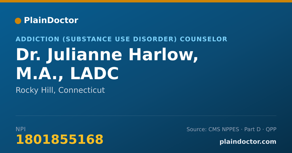 Shareable card for Julianne Harlow, M.A., LADC - Addiction (Substance Use Disorder) Counselor, Rocky Hill, CT