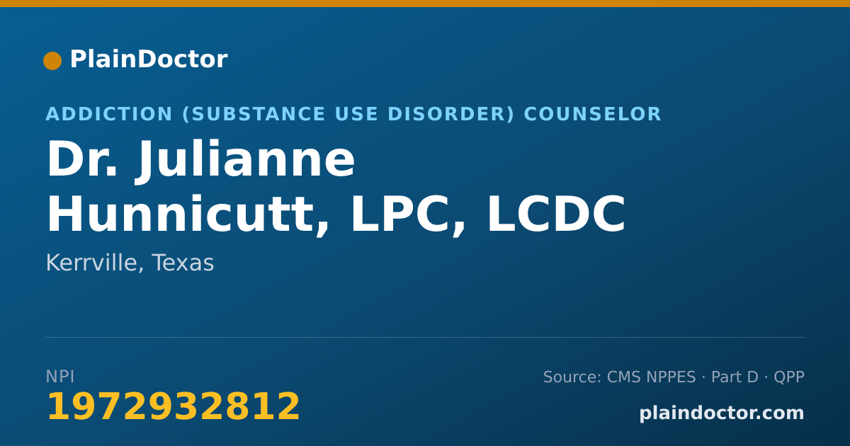Shareable card for Julianne Hunnicutt, LPC, LCDC - Addiction (Substance Use Disorder) Counselor, Kerrville, TX