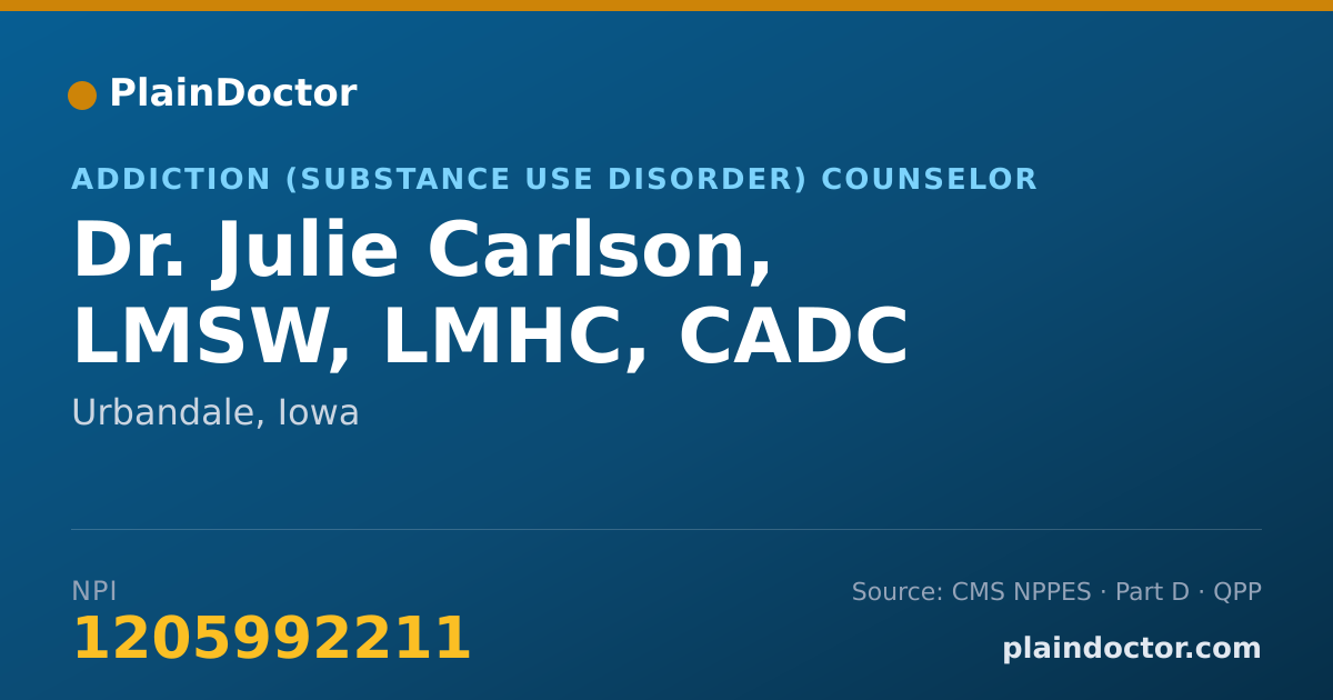 Shareable card for Julie Carlson, LMSW, LMHC, CADC - Addiction (Substance Use Disorder) Counselor, Urbandale, IA