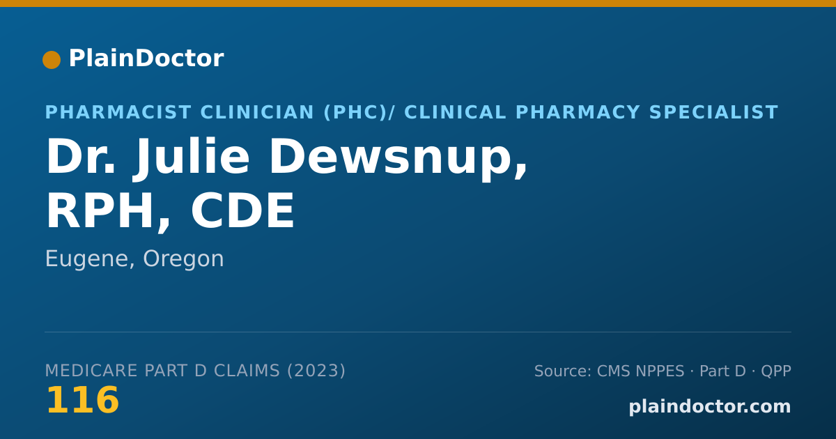 Shareable card for Julie Dewsnup, RPH, CDE - Pharmacist Clinician (PhC)/ Clinical Pharmacy Specialist, Eugene, OR