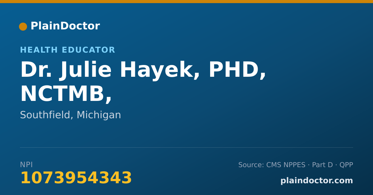 Shareable card for Julie Hayek, PHD, NCTMB, - Health Educator, Southfield, MI