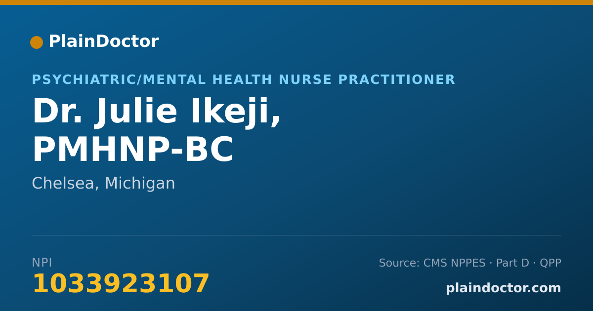 Shareable card for Julie Ikeji, PMHNP-BC - Psychiatric/Mental Health Nurse Practitioner, Chelsea, MI