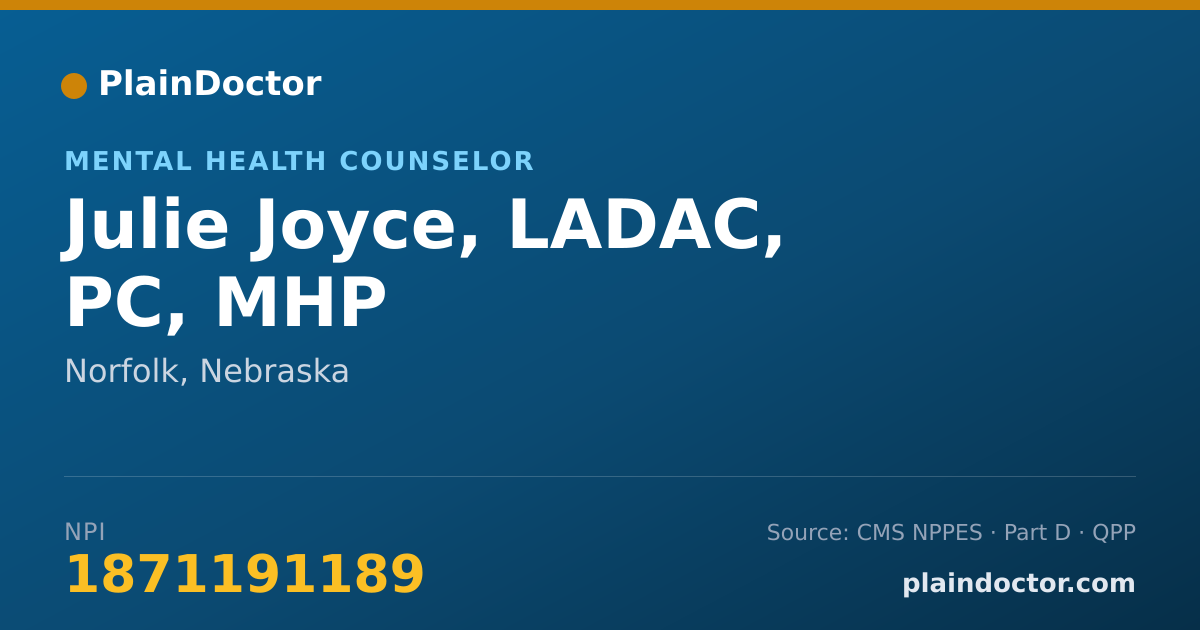 Shareable card for Julie Joyce, LADAC, PC, MHP - Mental Health Counselor, Norfolk, NE