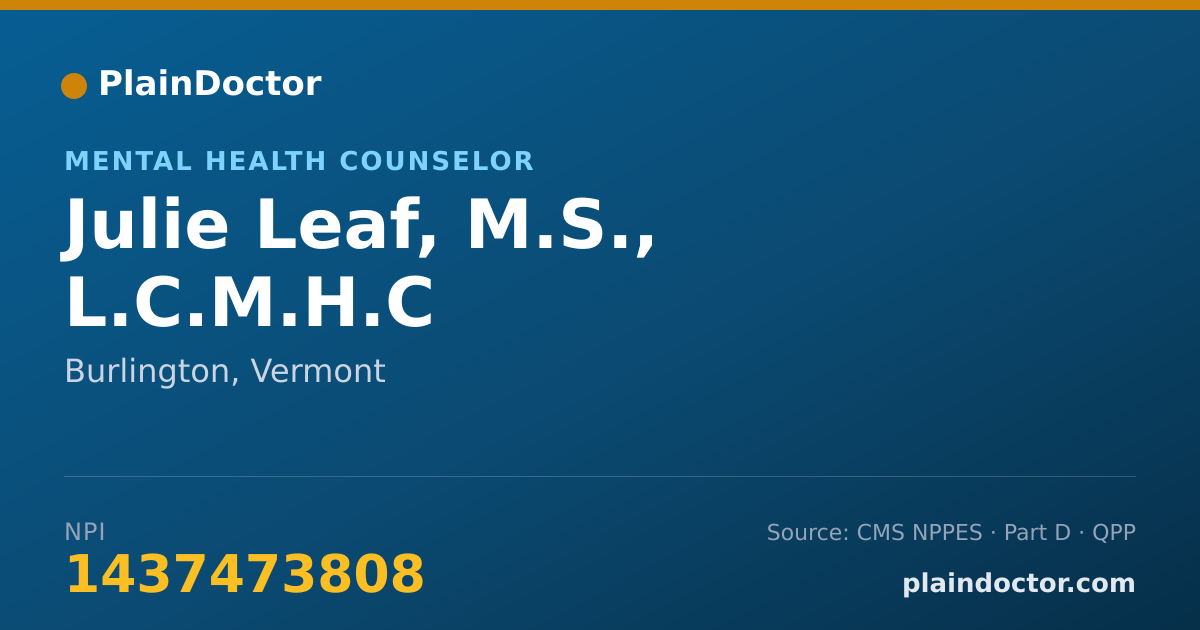 Shareable card for Julie Leaf, M.S., L.C.M.H.C - Mental Health Counselor, Burlington, VT