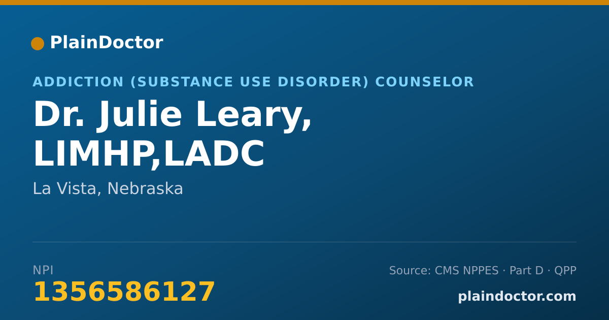 Shareable card for Julie Leary, LIMHP,LADC - Addiction (Substance Use Disorder) Counselor, La Vista, NE