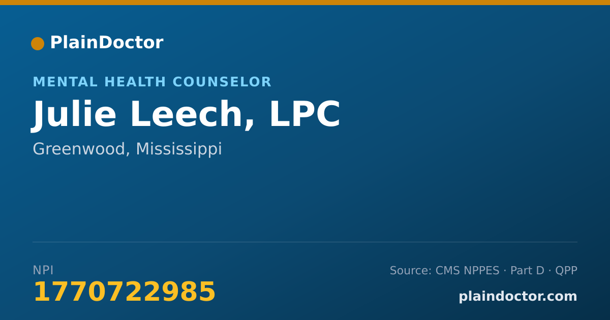 Shareable card for Julie Leech, LPC - Mental Health Counselor, Greenwood, MS