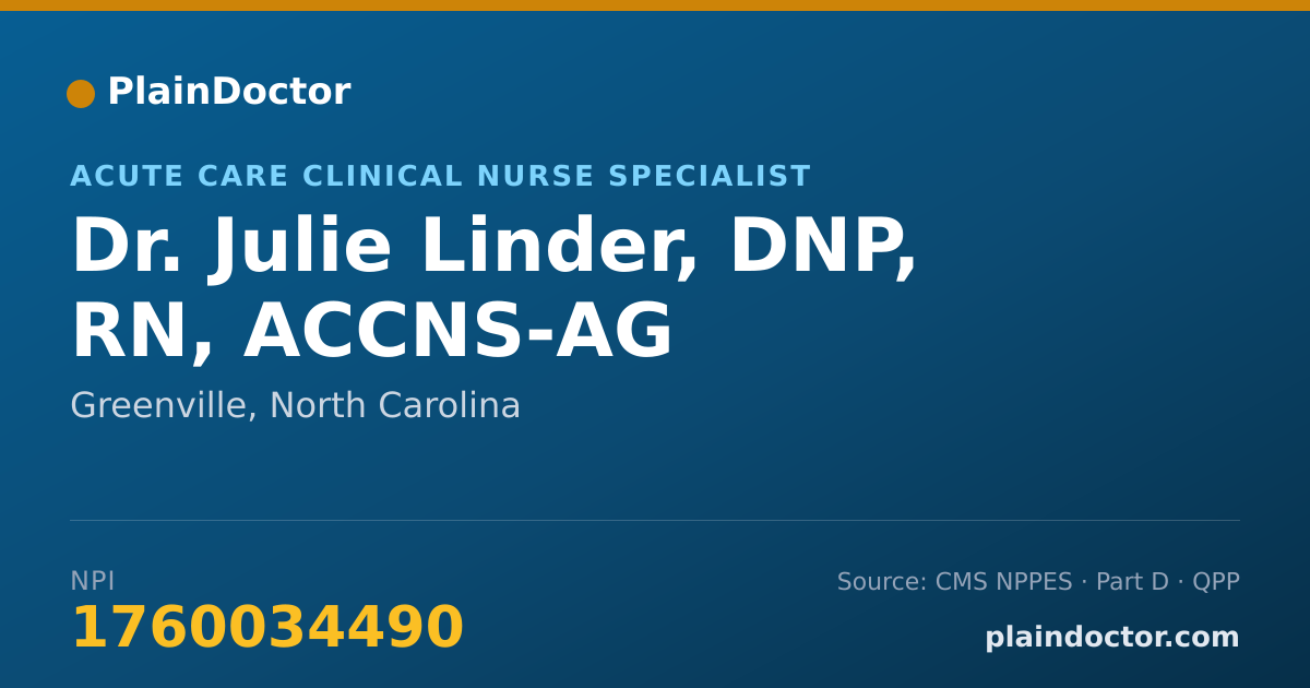 Shareable card for Julie Linder, DNP, RN, ACCNS-AG - Acute Care Clinical Nurse Specialist, Greenville, NC