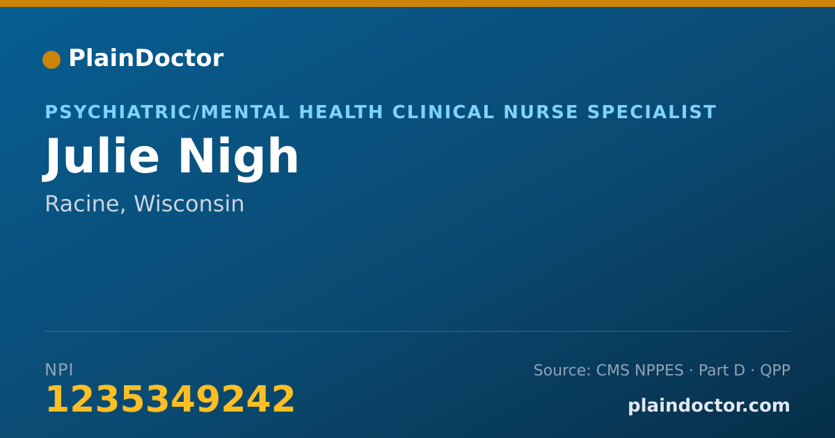 Shareable card for Julie Nigh - Psychiatric/Mental Health Clinical Nurse Specialist, Racine, WI