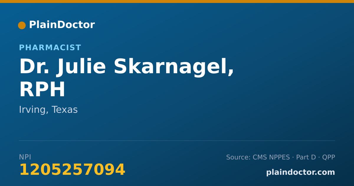 Shareable card for Julie Skarnagel, RPH - Pharmacist, Irving, TX
