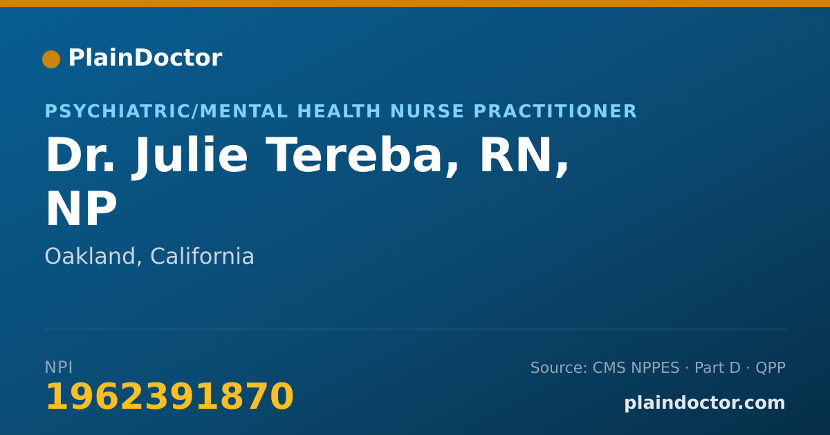 Shareable card for Julie Tereba, RN, NP - Psychiatric/Mental Health Nurse Practitioner, Oakland, CA