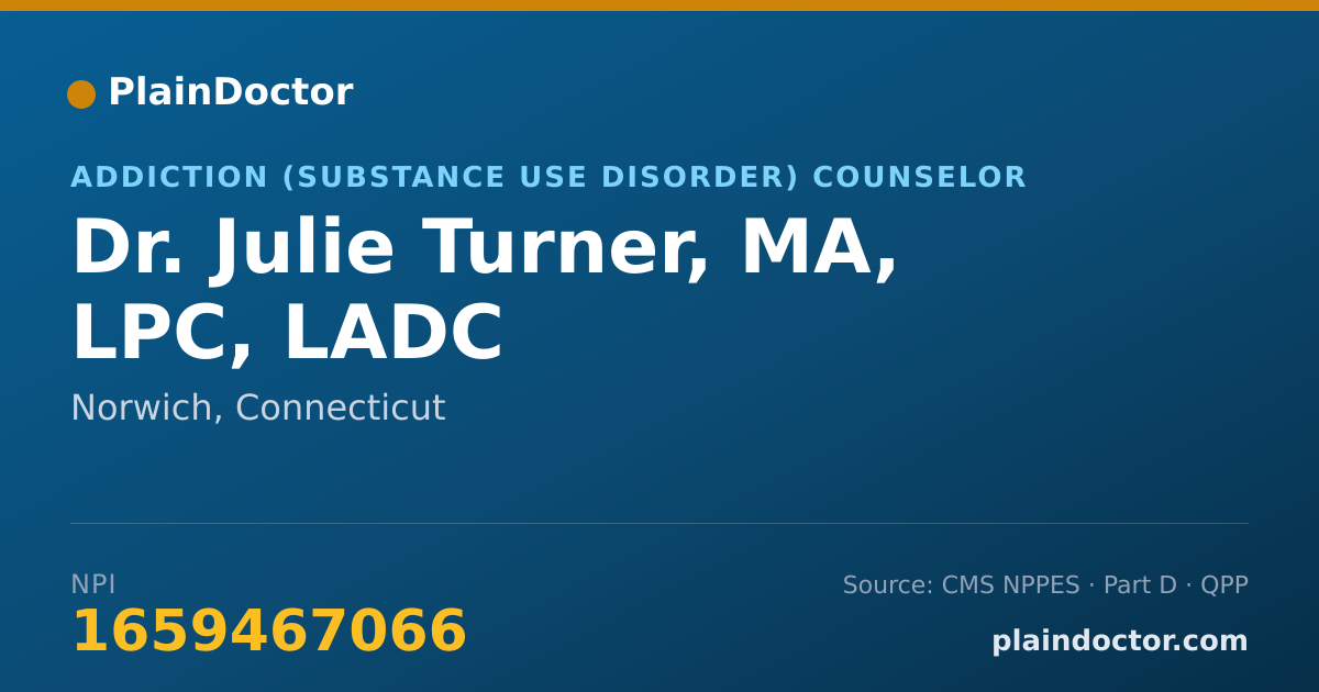 Shareable card for Julie Turner, MA, LPC, LADC - Addiction (Substance Use Disorder) Counselor, Norwich, CT