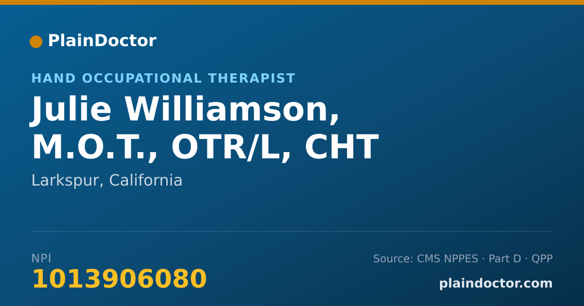 Shareable card for Julie Williamson, M.O.T., OTR/L, CHT - Specialist, Larkspur, CA