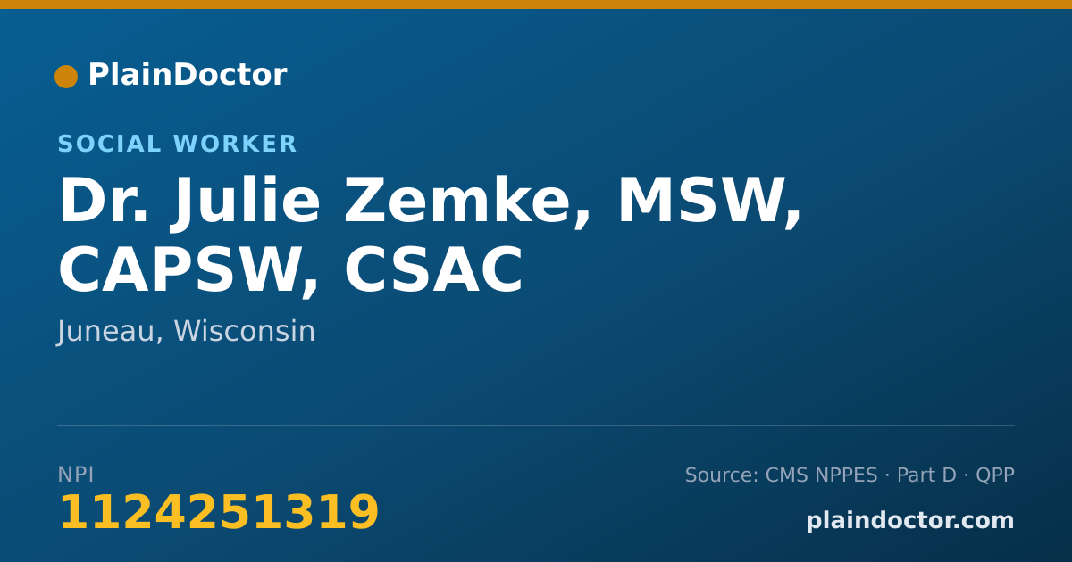 Shareable card for Julie Zemke, MSW, CAPSW, CSAC - Social Worker, Juneau, WI