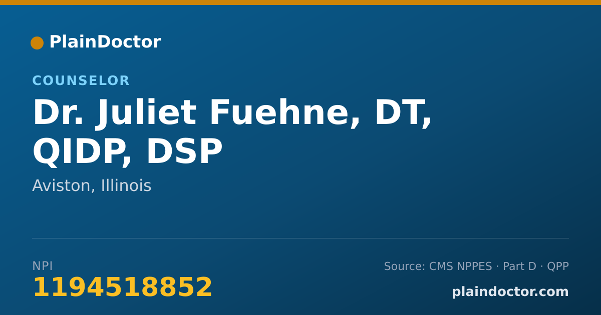 Shareable card for Juliet Fuehne, DT, QIDP, DSP - Counselor, Aviston, IL