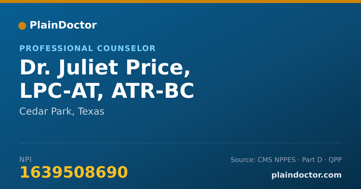 Shareable card for Juliet Price, LPC-AT, ATR-BC - Professional Counselor, Cedar Park, TX