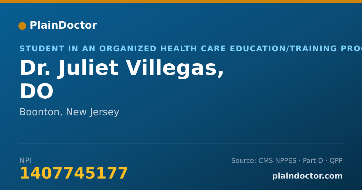 Shareable card for Juliet Villegas, DO - Student in an Organized Health Care Education/Training Program, Boonton, NJ