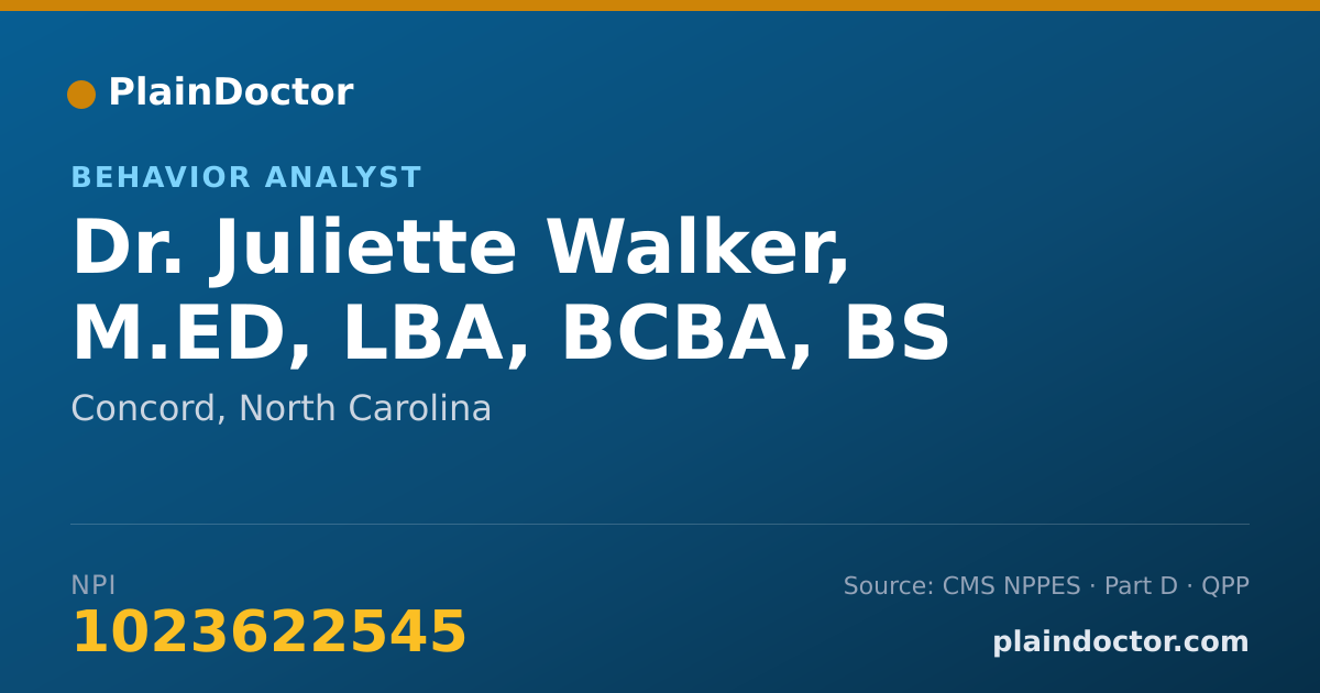 Shareable card for Juliette Walker, M.ED, LBA, BCBA, BS - Behavior Analyst, Concord, NC