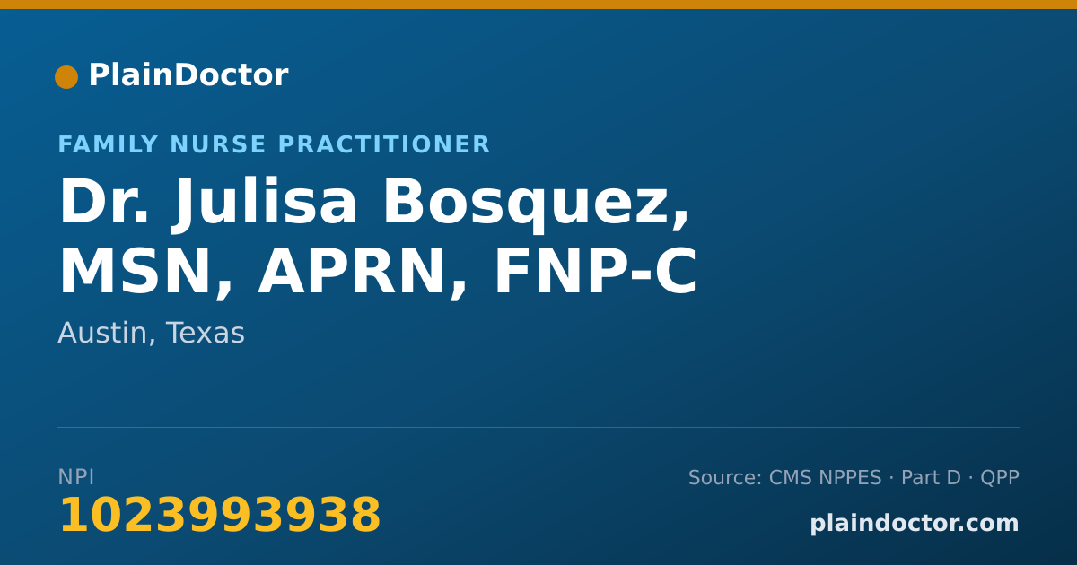Shareable card for Julisa Bosquez, MSN, APRN, FNP-C - Family Nurse Practitioner, Austin, TX