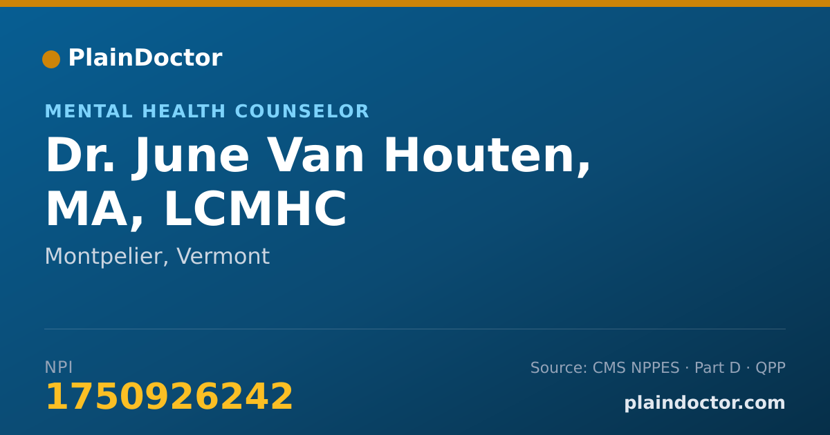 Shareable card for June Van Houten, MA, LCMHC - Mental Health Counselor, Montpelier, VT