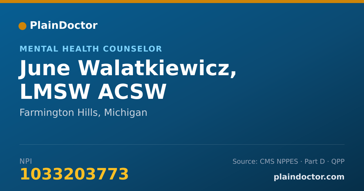 Shareable card for June Walatkiewicz, LMSW ACSW - Mental Health Counselor, Farmington Hills, MI