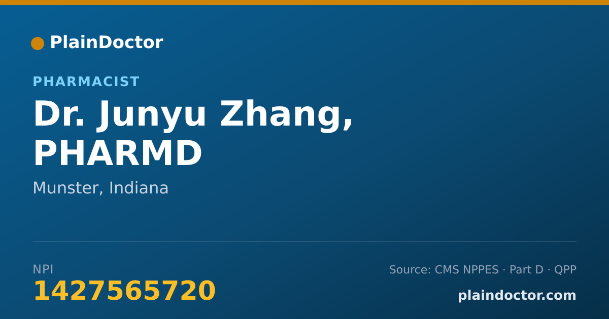 Shareable card for Junyu Zhang, PHARMD - Pharmacist, Munster, IN