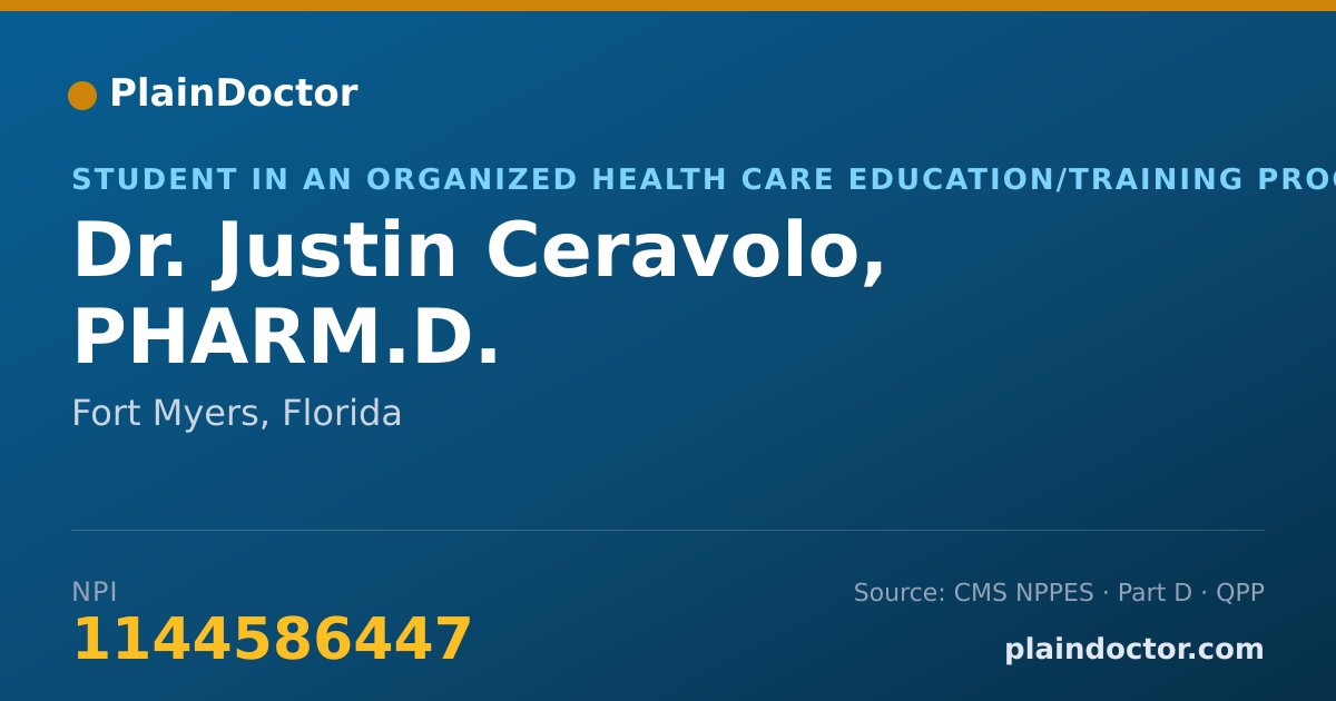 Shareable card for Justin Ceravolo, PHARM.D. - Student in an Organized Health Care Education/Training Program, Fort Myers, FL