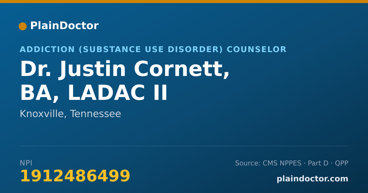 Shareable card for Justin Cornett, BA, LADAC II - Addiction (Substance Use Disorder) Counselor, Knoxville, TN