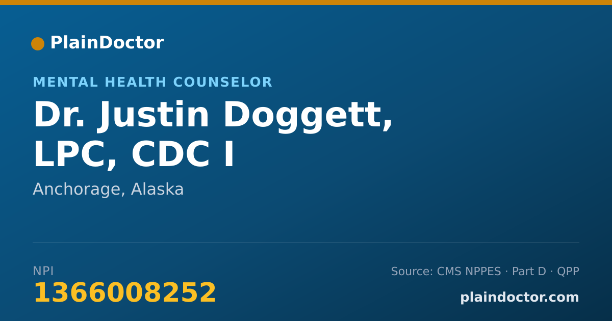 Shareable card for Justin Doggett, LPC, CDC I - Mental Health Counselor, Anchorage, AK