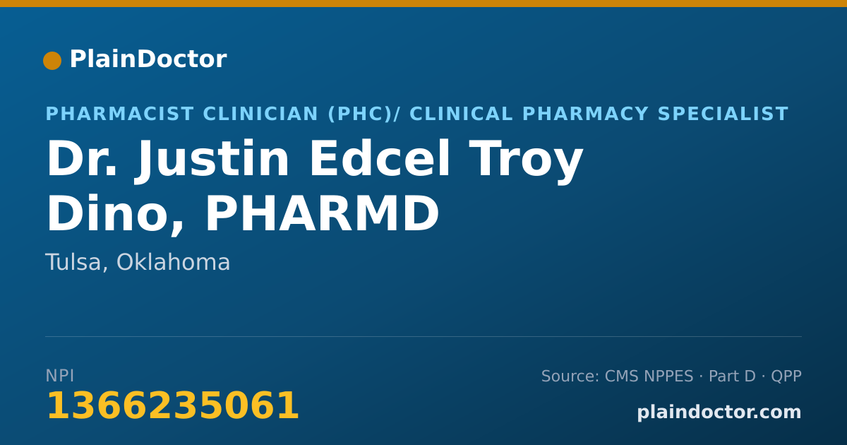 Shareable card for Justin Edcel Troy Dino, PHARMD - Pharmacist Clinician (PhC)/ Clinical Pharmacy Specialist, Tulsa, OK