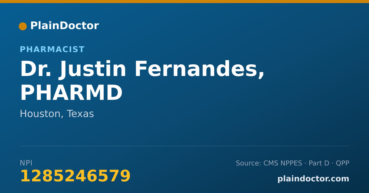 Shareable card for Justin Fernandes, PHARMD - Pharmacist, Houston, TX