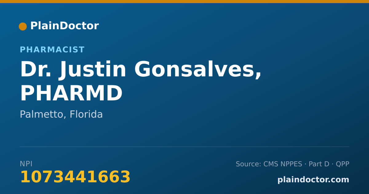 Shareable card for Justin Gonsalves, PHARMD - Pharmacist, Palmetto, FL