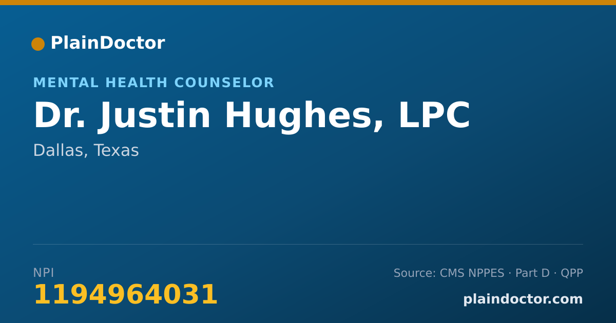 Shareable card for Justin Hughes, LPC - Mental Health Counselor, Dallas, TX