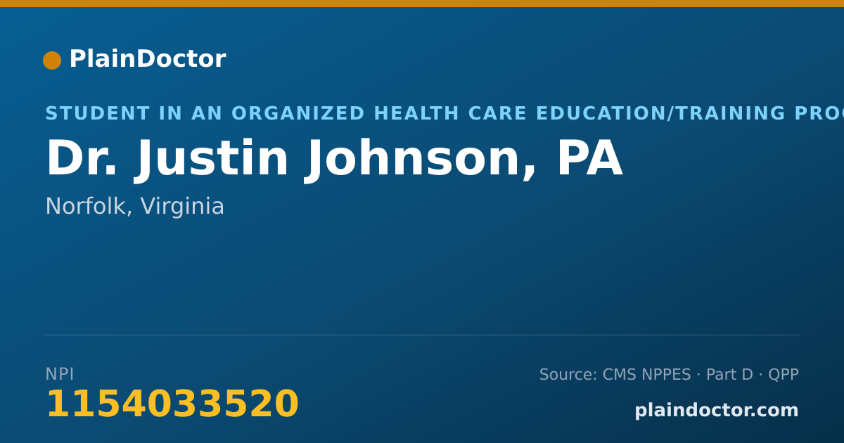 Shareable card for Justin Johnson, PA - Student in an Organized Health Care Education/Training Program, Norfolk, VA