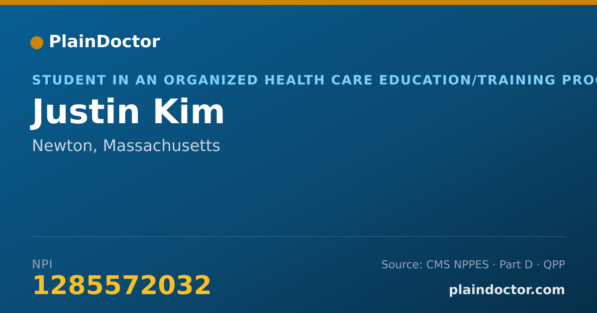 Shareable card for Justin Kim - Student in an Organized Health Care Education/Training Program, Newton, MA