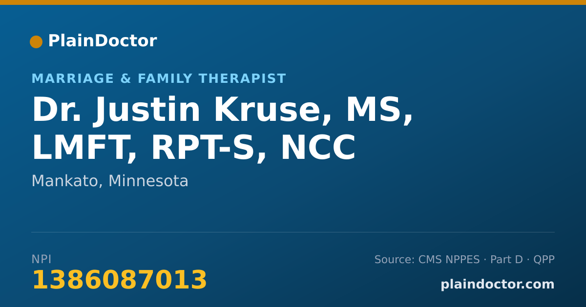 Shareable card for Justin Kruse, MS, LMFT, RPT-S, NCC - Marriage & Family Therapist, Mankato, MN