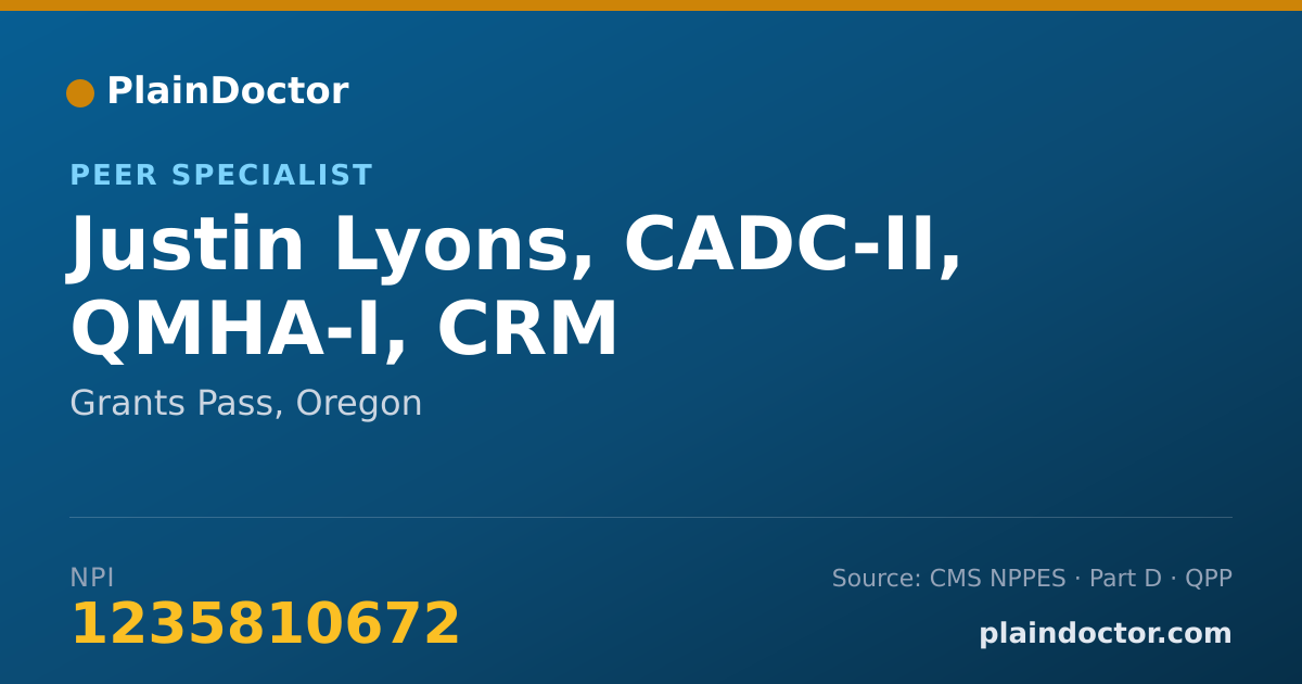 Shareable card for Justin Lyons, CADC-I, QMHA-I, CRM - Mental Health Counselor, Grants Pass, OR