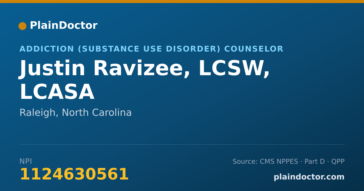 Shareable card for Justin Ravizee, LCSW, LCASA - Addiction (Substance Use Disorder) Counselor, Raleigh, NC