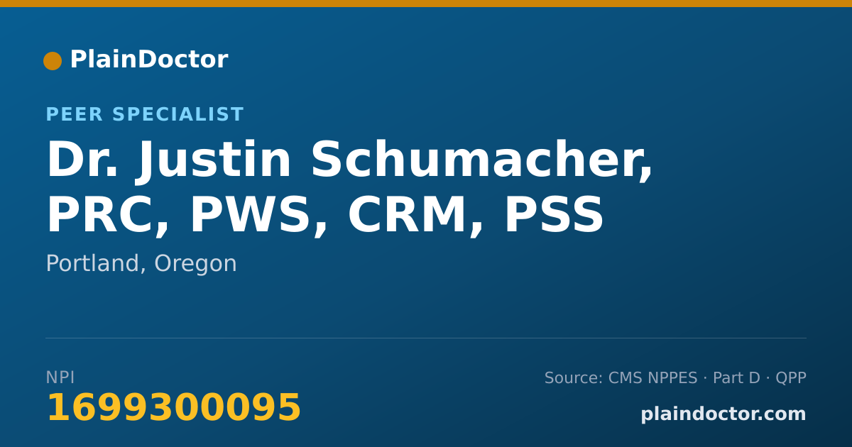 Shareable card for Justin Schumacher, PRC, PWS, CRM, PSS - Peer Specialist, Portland, OR