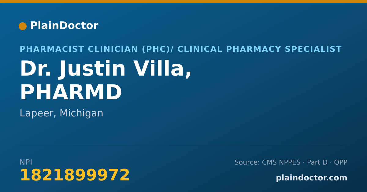 Shareable card for Justin Villa, PHARMD - Pharmacist Clinician (PhC)/ Clinical Pharmacy Specialist, Lapeer, MI
