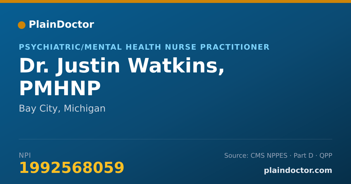 Shareable card for Justin Watkins, PMHNP - Psychiatric/Mental Health Nurse Practitioner, Bay City, MI