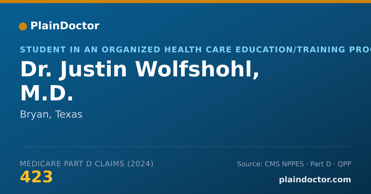 Shareable card for Justin Wolfshohl, M.D. - Student in an Organized Health Care Education/Training Program, Bryan, TX