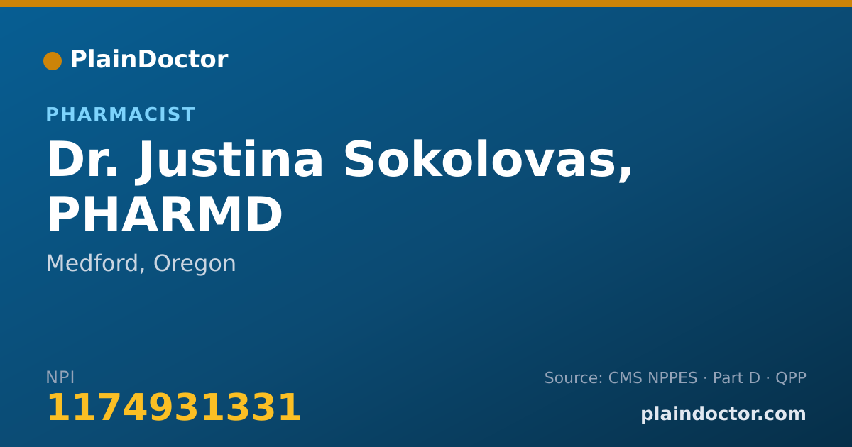 Shareable card for Justina Sokolovas, PHARMD - Pharmacist, Medford, OR